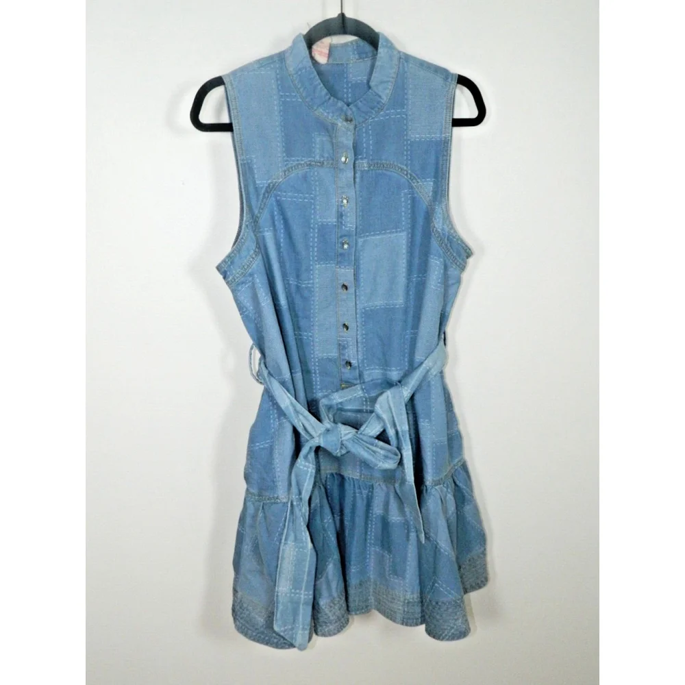Ciebon Dress Large‎ Blue Elly Patchwork Denim Mini Shirtdress Belted - Picture 10 of 13